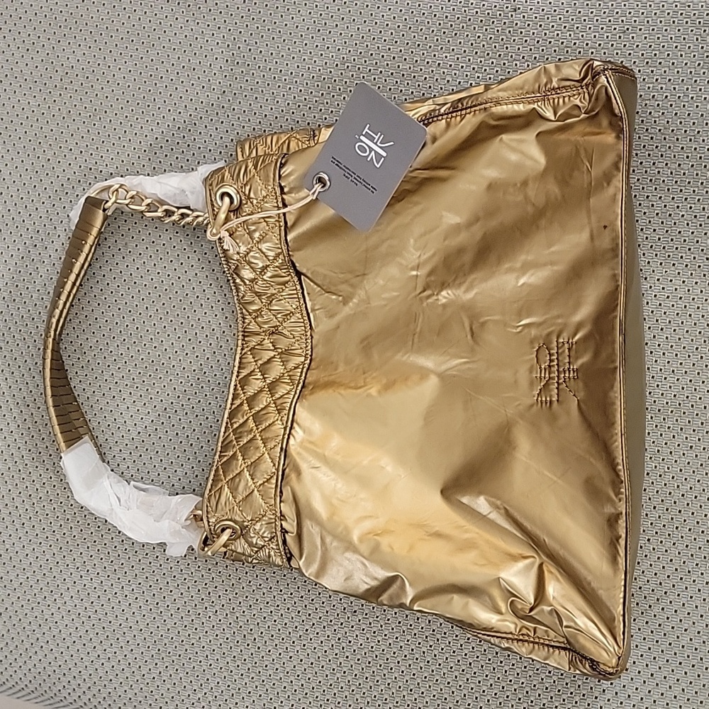 NO|AH Vegan Gold Metallic Convertible Tote Bag w/Quilted Border &Chain Detailing